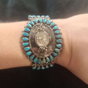 Native American turquoise watch cuff VINTAGE STERLING.